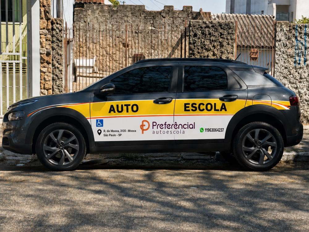 Carro de aula da Preferencial Autoescola visto de lado, com a plotagem AUTO ESCOLA e o símbolo internacional de acessibilidade na porta, estacionado na Rua da Mooca, 3135